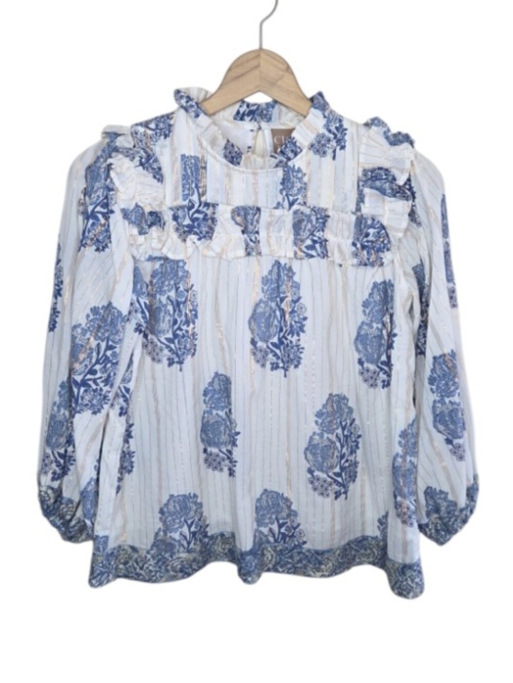 Clara the Label Blue White Boho Block Print Ruffled Long Sleeve Top Size XS